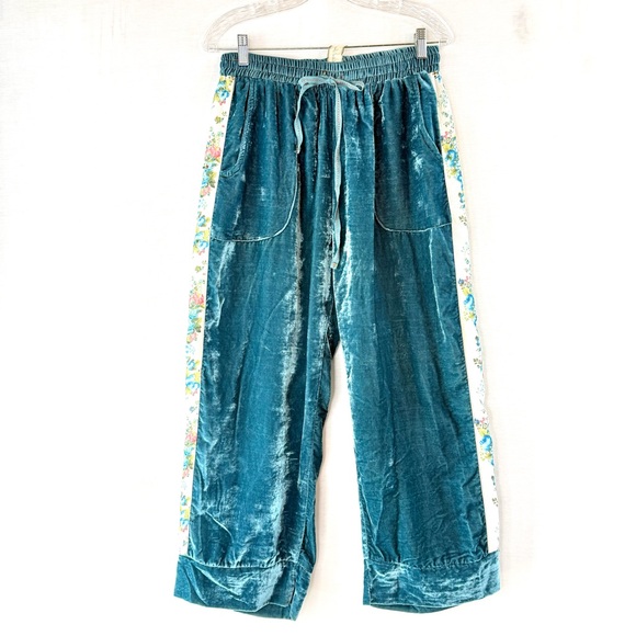 Aratta Silent Journey Teal Blue Velvet Floral Beaded Trim Pull-on Pants